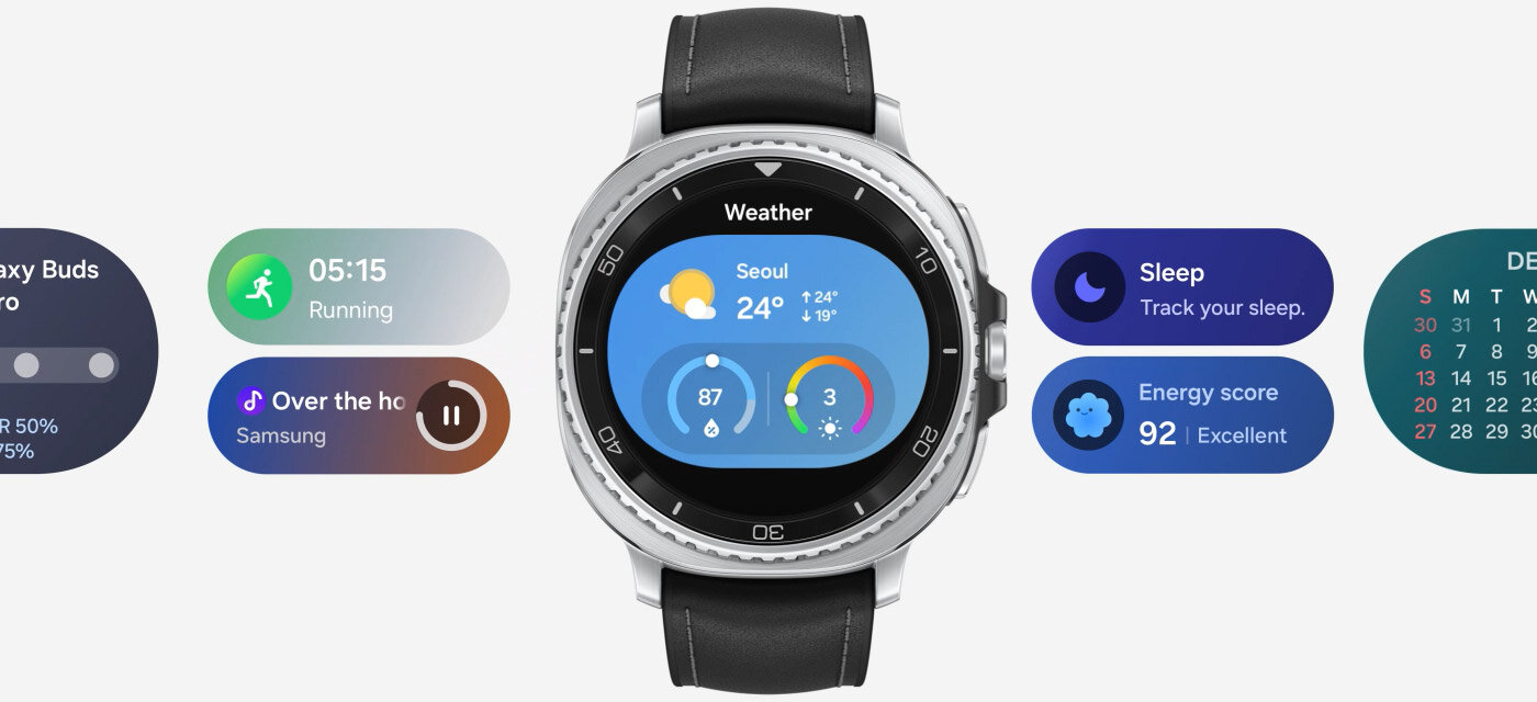 interfejs z najważniejszymi dla Ciebie informacjami Smartwatch z okrągłym wyświetlaczem pokazuje pogodę dla Seulu z temperaturą 24°C. Obok widoczne są ikony aplikacji dotyczące biegania, muzyki, snu i kalendarza.