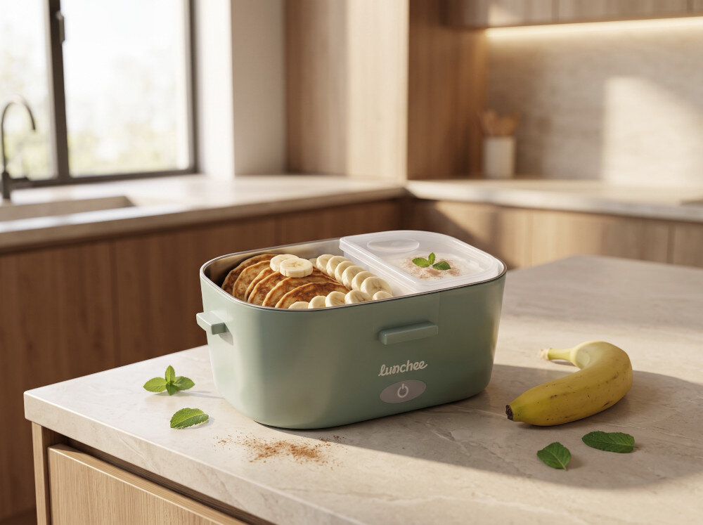 Na blacie kuchennym stoi zielony elektryczny lunch box z napisem \'Lunchee\', wypełniony plastrami banana i naleśnikami. Obok leży banan i kilka listków mięty.