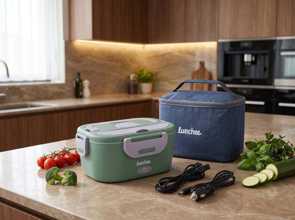 Na blacie kuchennym znajduje się zielony elektryczny lunch box z napisem \'lunchee\' oraz niebieska torba z tym samym napisem. Obok leżą kable zasilające, pomidory, brokuły, zioła i plasterki ogórka.