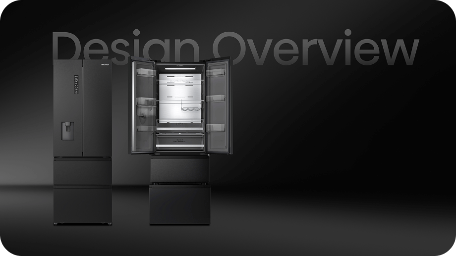 Na obrazie widoczna jest czarna lodówka z otwartymi drzwiami, ukazująca wnętrze z półkami i szufladami. W tle znajduje się napis \'Design Overview\'.