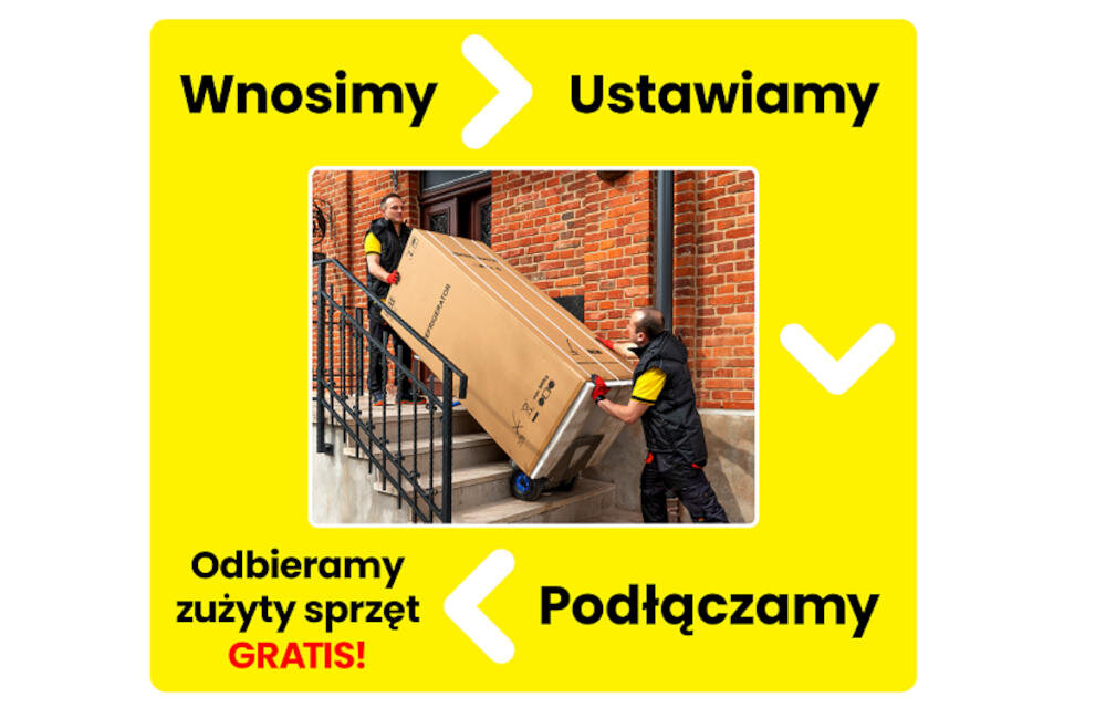 Dwóch mężczyzn wnosi duże pudełko po schodach. Na żółtym tle widnieją napisy: \'Wnosimy\', \'Ustawiamy\', \'Podłączamy\', \'Odbieramy zużyty sprzęt GRATIS!\'.