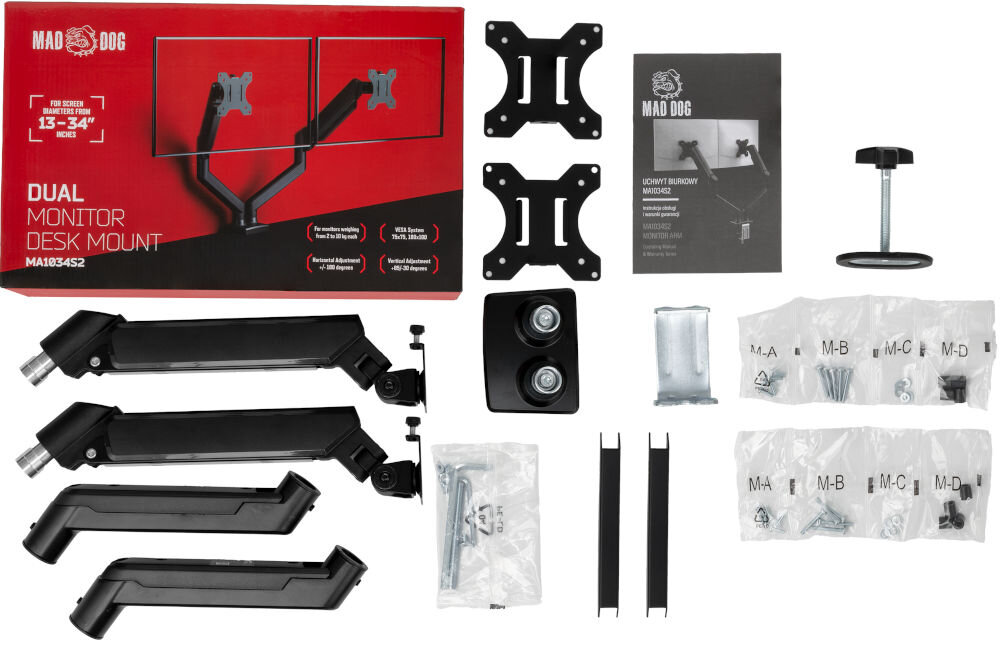 Zestaw do montażu uchwytu do monitora, w skład którego wchodzą elementy montażowe, instrukcja oraz opakowanie z logo MAD DOG. Na opakowaniu widnieje napis: \'DUAL MONITOR DESK MOUNT 13-34 INCHES\'.