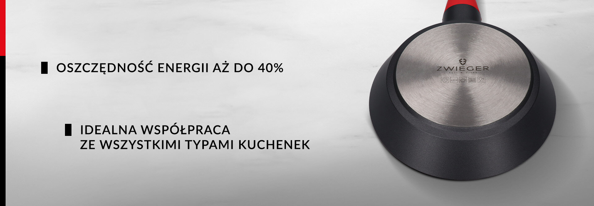 Obraz przedstawia spód patelni z logo ZWIEGER oraz tekst: \'OSZCZĘDNOŚĆ ENERGII AŻ DO 40%\' i \'IDEALNA WSPÓŁPRACA ZE WSZYSTKIMI TYPAMI KUCHENEK\'.