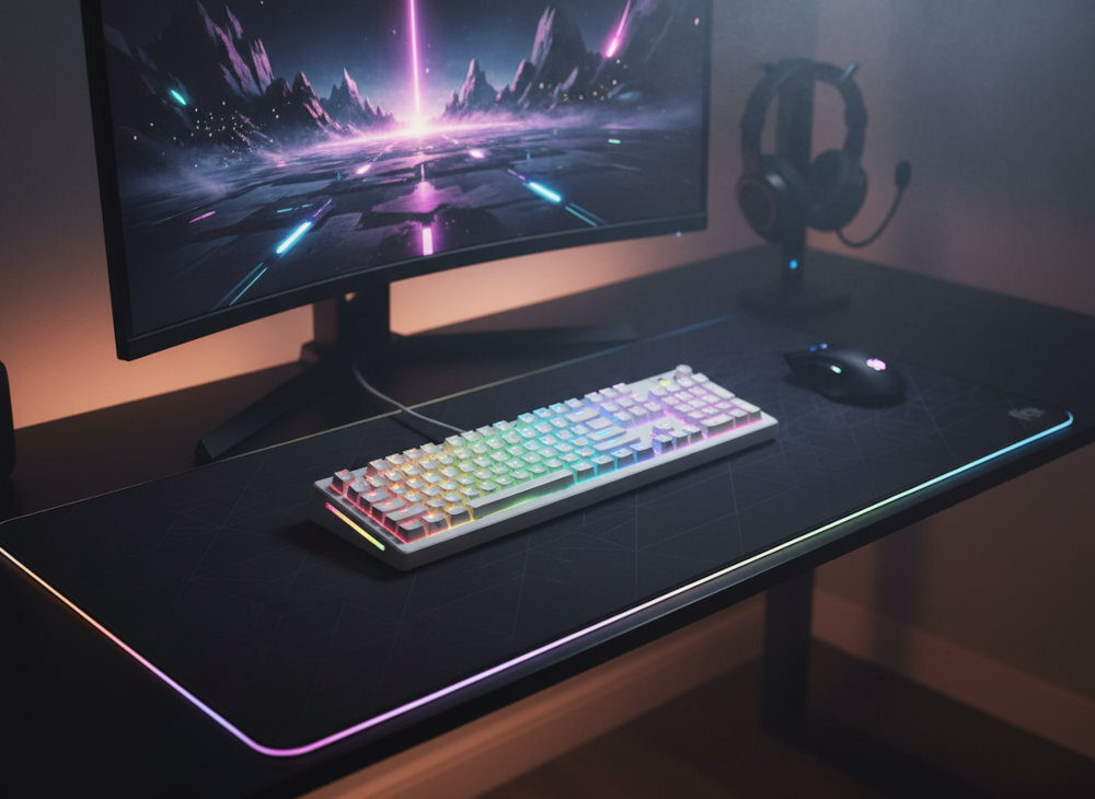 Na biurku znajduje się klawiatura z podświetleniem RGB, obok myszka i monitor z futurystyczną grafiką. W tle widać słuchawki na stojaku.