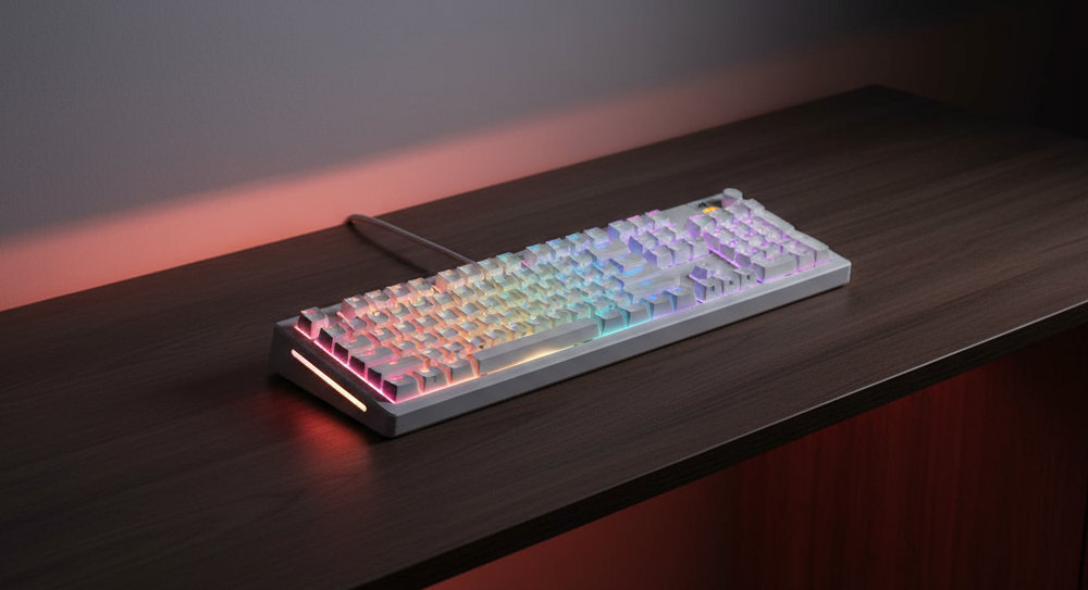 Na drewnianym biurku znajduje się klawiatura z podświetleniem RGB, emitującym różnokolorowe światło. Klawiatura ma nowoczesny design i jest podłączona kablem.