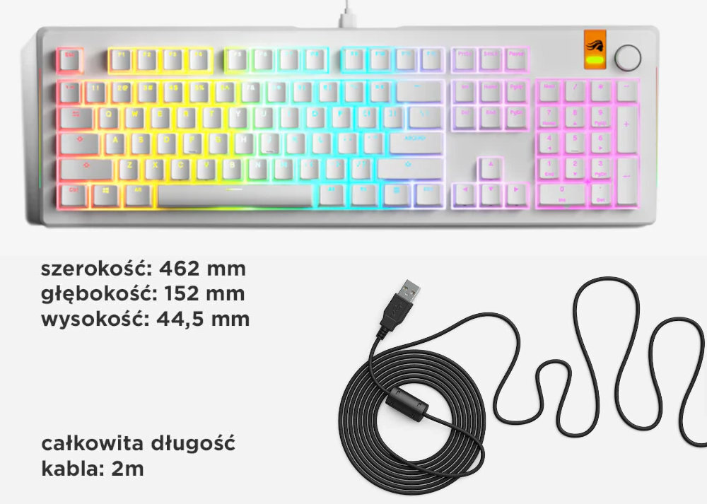 Biała klawiatura z podświetleniem RGB i logo producenta w prawym górnym rogu. Obok klawiatury widoczny jest czarny kabel USB o długości 2m, a poniżej podane są wymiary: szerokość 462 mm, głębokość 152 mm, wysokość 44,5 mm.