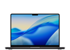 Laptop z wyświetlaczem o cienkich ramkach, na ekranie widoczna abstrakcyjna grafika w odcieniach niebieskiego. Obudowa w kolorze ciemnym, klawiatura z dużym touchpadem.
