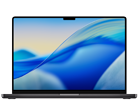 Laptop z wyświetlaczem o cienkich ramkach, prezentujący abstrakcyjną grafikę z niebieskimi falami. Obudowa jest w ciemnym kolorze, a na ekranie widoczny jest notch.