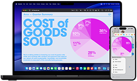 Na obrazie widoczny jest laptop z wyświetlonym wykresem kołowym i tekstem \'COST OF GOODS SOLD\' oraz smartfon z podobnym wykresem. Oba urządzenia mają czarne obudowy.