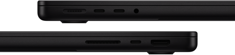 Obraz przedstawia dwa czarne laptopy z widocznymi portami na bokach. Na górnym laptopie widoczne są porty USB-C, gniazdo słuchawkowe i inne złącza.