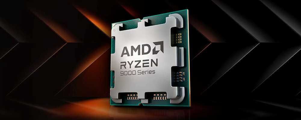 Obraz przedstawia procesor z widocznym napisem \'AMD Ryzen 9000 Series\'. Procesor jest umieszczony na tle z geometrycznymi wzorami w ciemnych kolorach.