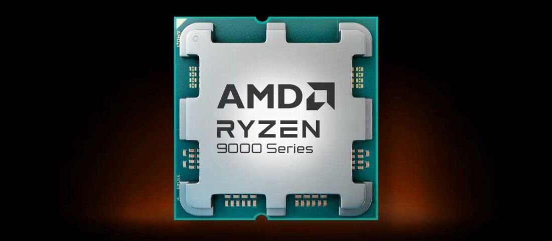 Obraz przedstawia procesor z widocznym napisem \'AMD RYZEN 9000 Series\' na metalowej powierzchni. Tło jest ciemne z pomarańczowym gradientem.