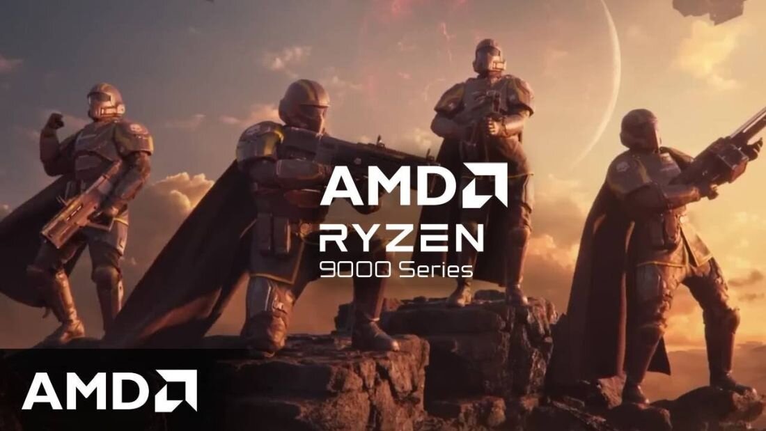 Czterech żołnierzy w futurystycznych zbrojach stoi na skale w scenerii zachodzącego słońca. Na środku widoczny jest tekst: \'AMD RYZEN 9000 Series\'.