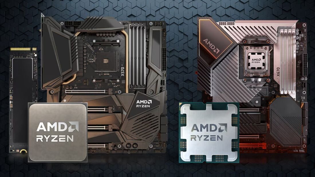 Obraz przedstawia dwie płyty główne z procesorami AMD Ryzen, z widocznym logo \'AMD RYZEN\'. Tło ma wzór heksagonalny w ciemnych odcieniach.