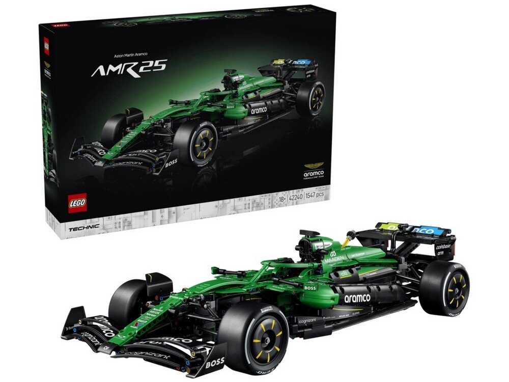 Na obrazie widoczny jest model LEGO przedstawiający zielony bolid F1 z serii Technic oraz jego opakowanie. Na opakowaniu znajdują się napisy: \'Aston Martin Aramco AMR25\', \'aramco\', \'LEGO\', \'Technic\', \'18+\', \'42240\', \'1547 pcs\'.