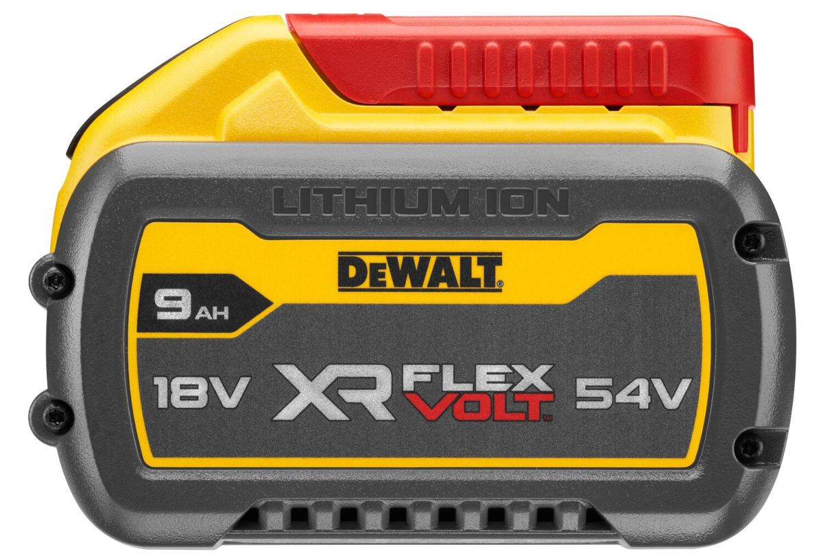 Akumulator DEWALT XR DCB547-XJ 9Ah 18/54V, wszechstronne, solidny, długotrwały, flexvolt, na białym tle akumulator pionowo bokiem lewo