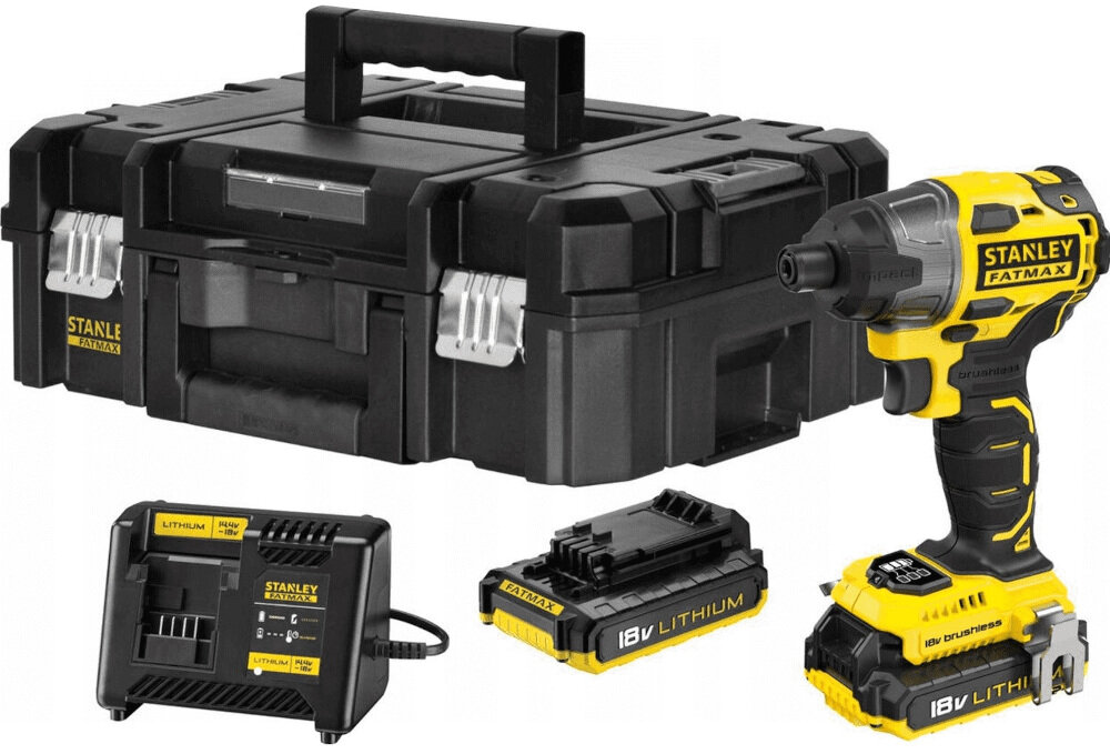 Zakrętarka STANLEY Fatmax FMC647D2 w zestawie 2 akumulatory ładowarka zaczep do paska walizka systemowa instrukcja obsługi w języku polskim karta gwarancyjna