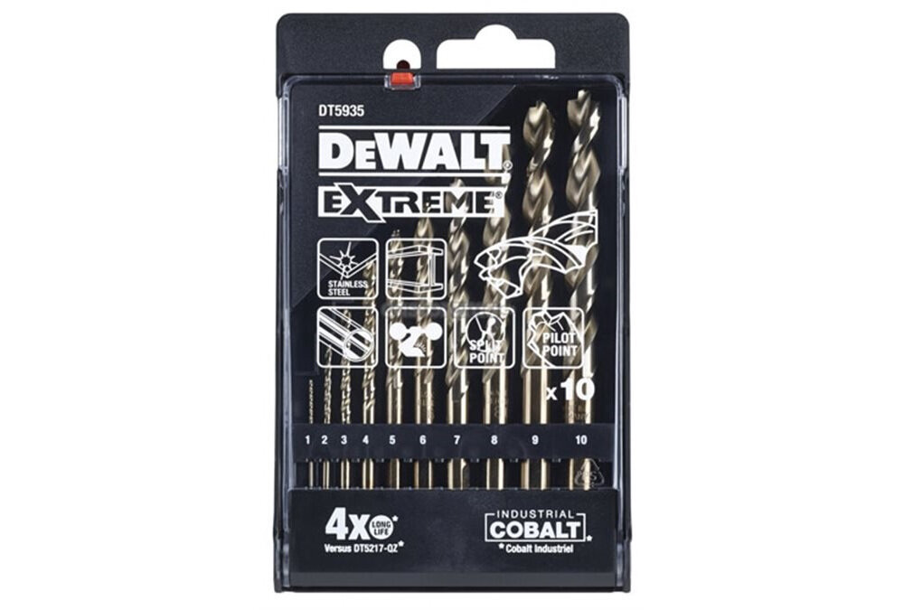 Zestaw wierteł DEWALT DT5935-QZ (10 elementów) 10-elementowy zestaw wierteł do pracy w metalu z wysokiej jakości stali kobaltowej perfekcyjna trwałość skrzynka z tworzywa sztucznego