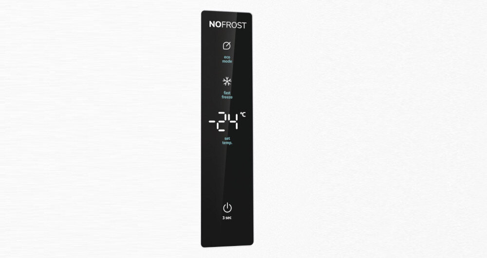 Panel sterowania z wyświetlaczem pokazującym temperaturę -24°C, z funkcjami NOFROST, ECO mode, fast freeze i set temp. Na dole znajduje się przycisk z napisem \'3 sec\'.