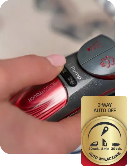 Osoba trzyma urządzenie z widocznymi przyciskami \'Pump\' i \'SENSORTOUCH\'. Na dole znajduje się okrągła naklejka z napisem \'3-WAY AUTO OFF\' oraz \'AUTO WYŁĄCZANIE 30 sek. 8 min 30 sek.\'.