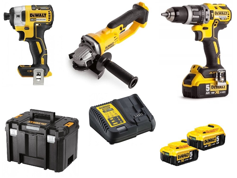 Zestaw Combo DEWALT DCK383P2T w zestawie szlifierka kątowa wiertarko-wkrętarka zakrętarka 2 akumulatory ładowarka kufer transportowy zaczep do paska rękojeść boczna instrukcja obsługi w języku polskim karta gwarancyjna