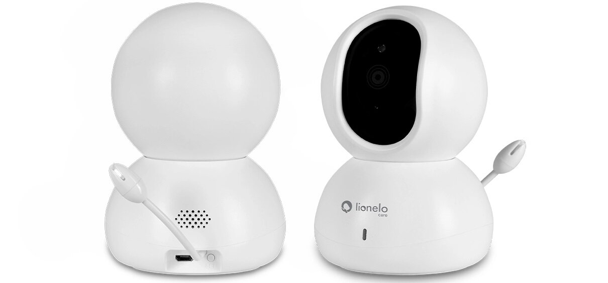 Dwa białe urządzenia o kulistym kształcie z kamerą na przodzie i logo \'lionelo\' oraz napisem \'Babyline 8.2\'. Z tyłu widoczny jest głośnik, port USB i przycisk.