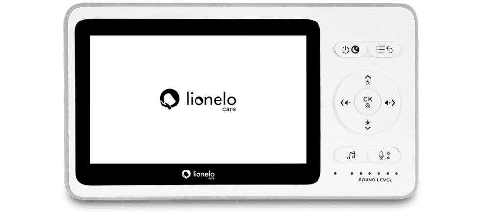 Na obrazie widoczny jest biały monitor z logo \'lionelo care\' na ekranie oraz przyciskami sterującymi po prawej stronie. Pod ekranem znajduje się napis \'SOUND LEVEL\' z pięcioma diodami.