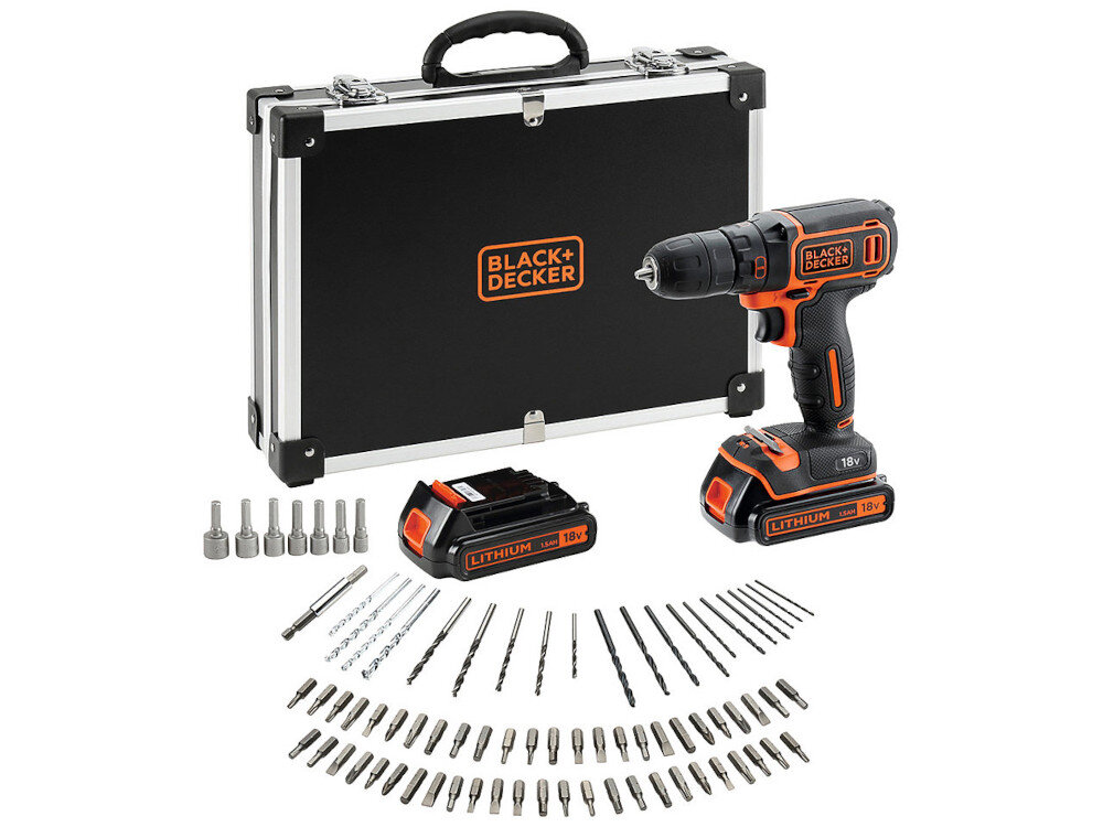 Wiertarko-wkrętarka BLACK&DECKER BDCDC18BAFC w zestawie 2 akumulatory ładowarka uchwyt magnetyczny zestaw nasadek roboczych wymienne końcówki zestaw wierteł walizka transportowa instrukcja obsługi w języku polskim karta gwarancyjna