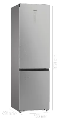 Srebrna lodówka z dwoma drzwiami, górne mniejsze, dolne większe. Na górnych drzwiach widoczne jest logo \'Hisense\'.