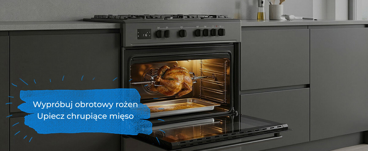 Otwarty piekarnik z pieczonym mięsem na rożnie, obok niebieski napis: \'Wypróbuj obrotowy rożen Upiecz chrupiące mięso\'.