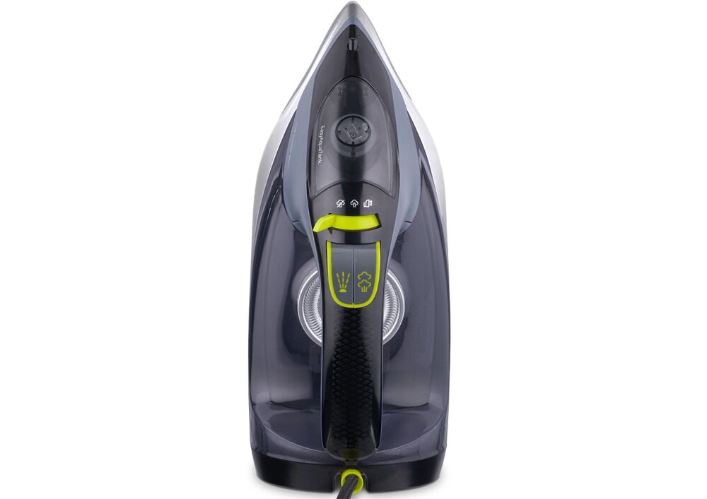 Żelazko w kolorze czarnym z zielonymi elementami, widoczne z przodu. Na uchwycie znajdują się symbole pary i recyklingu.