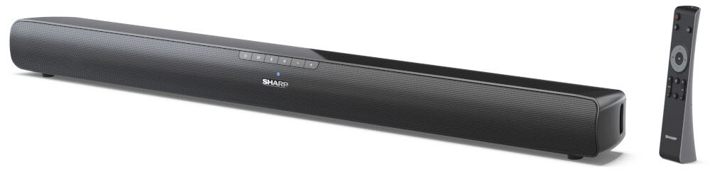 Czarny soundbar z widocznym logo \'SHARP\' na przednim panelu oraz pilot zdalnego sterowania obok. Soundbar ma kilka przycisków na górze obudowy.