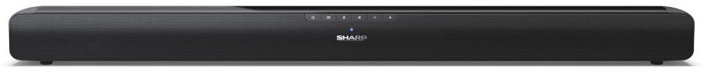 Czarny soundbar z widocznym logo \'SHARP\' na środku. Na górnej części znajduje się kilka przycisków sterujących.