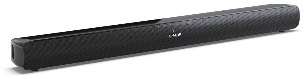 Czarny soundbar z logo SHARP na przednim panelu, posiada kilka przycisków na górze obudowy.