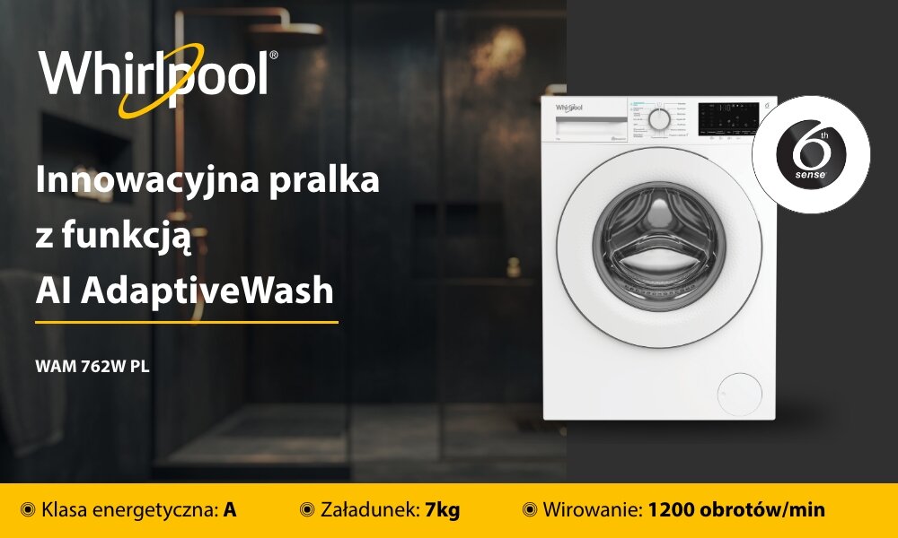 Obraz przedstawia pralkę marki Whirlpool z funkcją AI AdaptiveWash. Widoczny tekst: \'Innowacyjna pralka z funkcją AI AdaptiveWash\', \'WAM 762W PL\', \'Klasa energetyczna: A\', \'Załadunek: 7kg\', \'Wirowanie: 1200 obrotów/min\'.