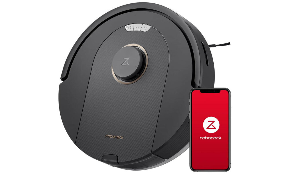 Czarny robot sprzątający z widocznym logo \'roborock\' na powierzchni oraz smartfon z ekranem wyświetlającym czerwone tło i logo \'Z\'.