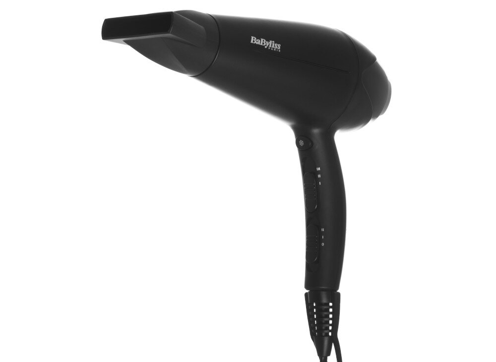 Czarna suszarka do włosów z logo \'BaByliss Paris\' na obudowie. Posiada ergonomiczny uchwyt z widocznymi przyciskami do regulacji ustawień.