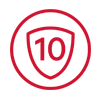 Czerwony symbol tarczy z liczbą 10 w środku, otoczony okręgiem.