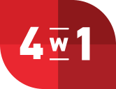 Czerwony symbol z białym napisem \'4 w 1\' na tle podzielonym na cztery części.
