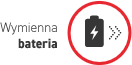 Ikona przedstawia symbol baterii z błyskawicą, otoczony czerwonym okręgiem. Obok znajduje się tekst: \'Wymienna bateria\'.