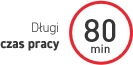 Grafika przedstawia napis \'Długi czas pracy 80 min\' z czerwonym okręgiem wokół liczby 80.