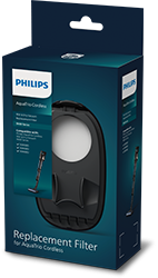 Opakowanie filtra zamiennego do odkurzacza bezprzewodowego marki Philips. Na opakowaniu widoczny jest obrazek filtra oraz napis \'Replacement Filter for AquaTrio Cordless\'.