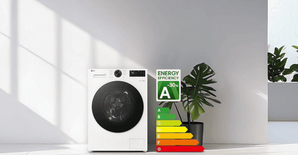 PRALKA LG F4X5509THB Grafika prezentuje cztery kluczowe zalety pralki LG: wysoką klasę energetyczną A z oszczędnością energii do −30%, program Microplastic Care ograniczający emisję mikroplastiku o 60%, inteligentne dopasowanie cyklu prania do rodzaju tkanin oraz funkcję szybkiego prania skracającą czas odświeżenia ubrań