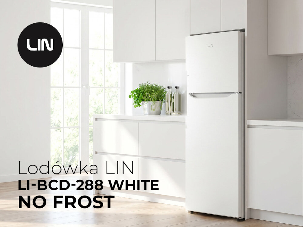 Biała lodówka LIN LI-BCD-288 No Frost stoi w jasnej kuchni. Na obrazie widoczne jest logo LIN oraz tekst: \'Lodówka LIN LI-BCD-288 WHITE NO FROST\'.