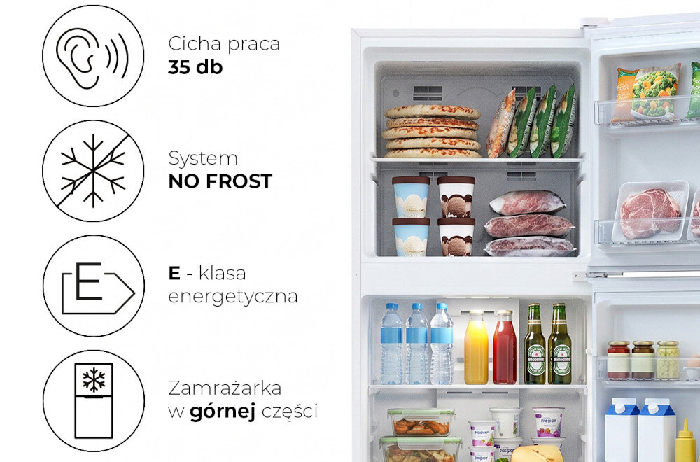 Obraz przedstawia otwartą lodówkę z zamrażarką w górnej części, wypełnioną różnymi produktami spożywczymi. Po lewej stronie znajdują się ikony z tekstem: \'Cicha praca 35 db\', \'System NO FROST\', \'E - klasa energetyczna\', \'Zamrażarka w górnej części\'.