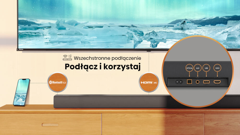 Soundbar HISENSE HS5100 - Wszechstronne połączenia, soundbar stojący na komodzie pod zawieszonym telewizorem, smartfon stojący na komodzie obok soundbara