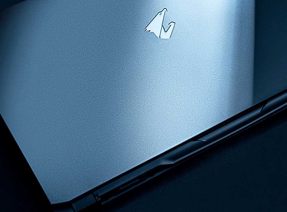 Obraz przedstawia pokrywę laptopa w kolorze ciemnoszarym z logo w kształcie stylizowanej głowy ptaka. Powierzchnia jest gładka i lekko błyszcząca.