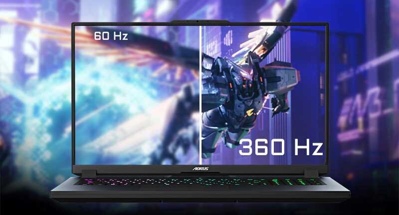 Obraz przedstawia laptop z ekranem, na którym widoczna jest różnica między częstotliwościami odświeżania 60 Hz i 360 Hz. Na ekranie znajduje się dynamiczna scena z gry, a na obudowie widoczne jest logo AORUS.