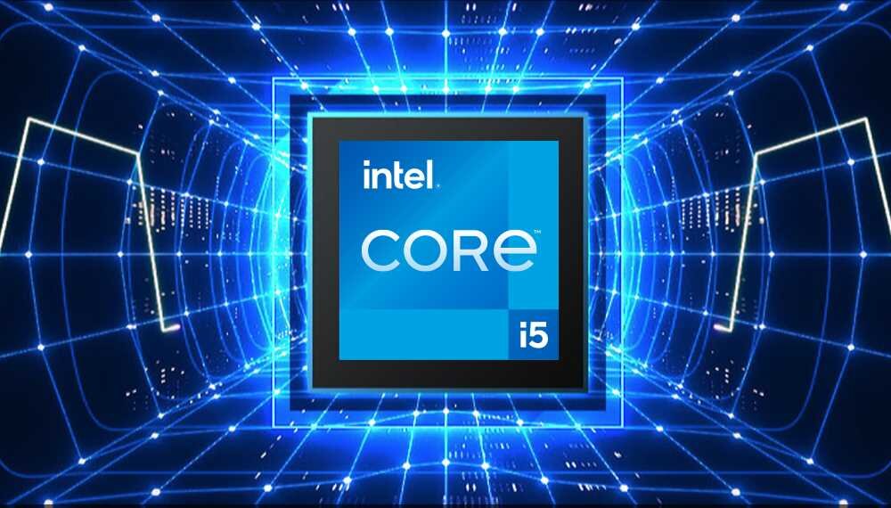 Obraz przedstawia logo \'intel CORE i5\' na tle niebieskich, futurystycznych wzorów przypominających sieć komputerową.