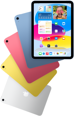 Na obrazie widoczny jest tablet z kolorowym ekranem, na którym wyświetlane są różne aplikacje i widgety. W tle znajdują się cztery tablety w różnych kolorach: różowym, niebieskim, żółtym i srebrnym z logo jabłka.